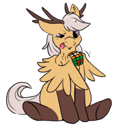 Size: 512x512 | Tagged: source needed, safe, artist:wishwasher, oc, oc only, oc:antler pone, original species, pony, :p, antlers, chest fluff, clothes, cute, female, rubik's cube, simple background, socks, solo, tongue out, transparent background, wing hands, wings