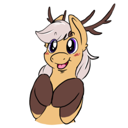 Size: 512x512 | Tagged: source needed, safe, alternate version, artist:wishwasher, oc, oc only, oc:antler pone, original species, pony, antlers, chest fluff, clothes, cute, eye clipping through hair, female, happy, simple background, smiling, socks, solo, transparent background