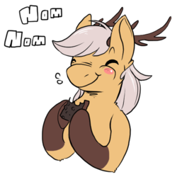 Size: 512x512 | Tagged: source needed, safe, artist:wishwasher, oc, oc only, oc:antler pone, deer pony, hybrid, original species, pony, :t, antlers, blushing, brownie, chest fluff, clothes, cute, ear fluff, eating, eyes closed, female, food, hoof hold, leg fluff, mare, nom, nose wrinkle, ocbetes, puffy cheeks, shoulder fluff, simple background, smiling, socks, solo, transparent background
