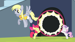 Size: 1266x720 | Tagged: safe, screencap, apple bloom, derpy hooves, scootaloo, sweetie belle, earth pony, pegasus, pony, unicorn, equestria games (episode), g4, apple bloom's bow, bow, cutie mark crusaders, equestria games, female, flying, hair bow, hoop, mare