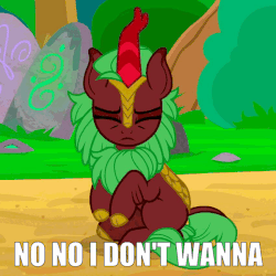 Size: 850x850 | Tagged: safe, edit, editor:axal-5, screencap, cinder glow, summer flare, kirin, g4, sounds of silence, adorable distress, animated, background kirin, caption, cinderbetes, cute, do not want, eyes closed, female, floppy ears, frown, gif, gif with captions, head shake, image macro, impact font, jacksepticeye, kirin village, leonine tail, meme, reaction gif, sitting, text, text edit