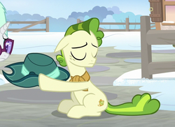 Size: 752x547 | Tagged: safe, screencap, pistachio, earth pony, pony, unicorn, g4, my little pony best gift ever, cropped, eyes closed, female, hat, male, mare, stallion