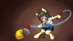 Size: 2732x1536 | Tagged: safe, artist:spheedc, oc, oc only, oc:sphee, earth pony, semi-anthro, arm hooves, bipedal, clothes, female, filly, glasses, glowing, gradient background, mare, solo, string, swing, swinging, whip, wrench