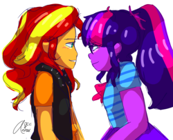 Size: 1250x1015 | Tagged: safe, artist:lesbianppg, sci-twi, sunset shimmer, twilight sparkle, equestria girls, g4, cute, female, imminent kissing, lesbian, looking at each other, ship:sci-twishimmer, ship:sunsetsparkle, shipping
