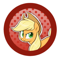 Size: 500x500 | Tagged: safe, artist:jessy, applejack, earth pony, pony, g4, abstract background, button, cowboy hat, dots, female, hat, mare, smiling, solo