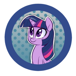 Size: 500x500 | Tagged: safe, artist:jessy, twilight sparkle, alicorn, pony, g4, abstract background, bust, button, dots, female, mare, smiling, solo, twilight sparkle (alicorn)