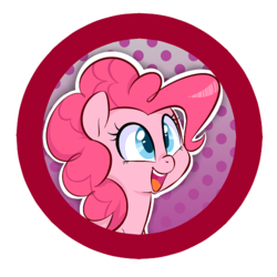 Size: 500x500 | Tagged: safe, artist:jessy, pinkie pie, pony, g4, abstract background, bust, button, dots, female, mare, open mouth, smiling, solo