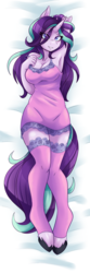 Size: 492x1476 | Tagged: safe, artist:ambris, edit, starlight glimmer, unicorn, anthro, unguligrade anthro, g4, armpits, blushing, body pillow, body pillow design, braless, breasts, chemise, cleavage, clothes, cropped, eyelashes, eyeshadow, female, from above, hooves, looking at you, makeup, mare, messy hair, nightgown, nightwear, on back, pose, seductive, seductive pose, sexy, smiling, socks, solo, stockings, sultry pose, tail, thigh highs