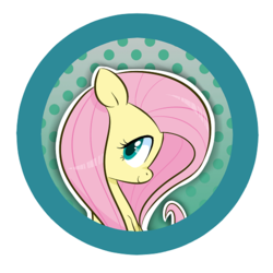 Size: 500x500 | Tagged: safe, artist:jessy, fluttershy, pony, g4, abstract background, bust, button, cute, dots, female, mare, shyabetes, smiling, solo
