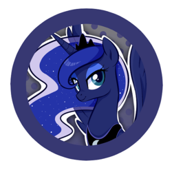 Size: 500x500 | Tagged: safe, artist:jessy, princess luna, pony, g4, abstract background, bust, button, dots, ethereal mane, female, mare, smiling, solo, starry mane