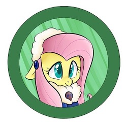 Size: 375x375 | Tagged: safe, artist:jessy, fluttershy, pony, abstract background, bust, button, clothes, cute, female, mare, shyabetes, smiling, solo