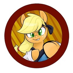 Size: 375x375 | Tagged: safe, artist:jessy, applejack, pony, abstract background, bust, button, clothes, female, gi, hatless, headband, karate, mare, missing accessory, robe, smiling, solo, sports bra