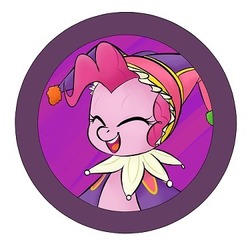 Size: 375x375 | Tagged: safe, artist:jessy, pinkie pie, earth pony, pony, abstract background, bust, button, clothes, eyes closed, female, hat, jester, jester hat, jester pie, mare, smiling, solo