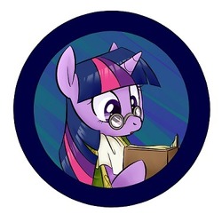 Size: 375x375 | Tagged: safe, artist:jessy, twilight sparkle, pony, g4, abstract background, book, bust, button, clothes, female, glasses, mare, reading, solo