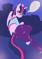 Size: 2000x2800 | Tagged: safe, artist:negasimon, twilight sparkle, alicorn, pony, semi-anthro, g4, arm hooves, clothes, female, glasses, high res, looking at you, mare, pajamas, question mark, solo, speech bubble, twilight sparkle (alicorn)
