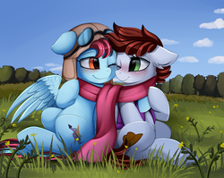 Size: 2950x2350 | Tagged: safe, artist:pridark, oc, oc only, oc:aurora breeze, oc:graph travel, pegasus, pony, aviator goggles, aviator hat, blushing, clothes, duo, female, field, flower, freckles, goggles, grass, hat, heart, heart eyes, high res, lesbian, looking at each other, mare, oc x oc, scarf, shared clothing, shared scarf, sharing, shipping, tree, vest, wingding eyes