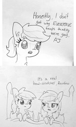 Size: 1287x2152 | Tagged: safe, artist:tjpones edits, edit, applejack, rainbow dash, pony, g4, bed, black and white, female, grayscale, in bed, lesbian, lineart, mare, monochrome, no homo, not gay, rainbow dumb, sarcasm, ship:appledash, shipping, traditional art
