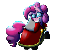 Size: 3522x2894 | Tagged: safe, artist:tkitten16, pinkie pie, earth pony, pony, g4, clothes, fawful, female, glasses, high res, mario & luigi, raised hoof, signature, simple background, smiling, solo, transparent background
