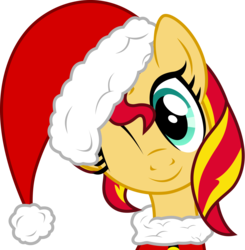 Size: 6070x6183 | Tagged: safe, artist:pink1ejack, sunset shimmer, pony, unicorn, g4, absurd resolution, christmas, christmas ponies, cute, female, hat, holiday, mare, one eye closed, santa hat, shimmerbetes, simple background, solo, transparent background, vector, wink