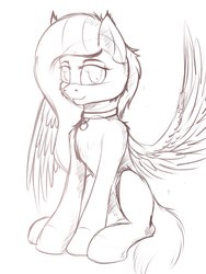 Size: 1200x1600 | Tagged: source needed, safe, artist:apostolllll, oc, oc only, pegasus, pony, collar, female, mare, monochrome, sitting, sketch, solo