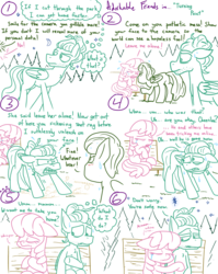 Size: 1280x1611 | Tagged: safe, artist:adorkabletwilightandfriends, cheerilee, zephyr breeze, oc, oc:anon, earth pony, pegasus, pony, comic:adorkable twilight and friends, g4, adorkable, adorkable friends, bench, bully, comfort, comic, criminal, crying, cute, dork, holding, jerk, lineart, male, nervous, responsibility, scared, sitting, stallion, unsure
