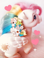 Size: 600x800 | Tagged: safe, artist:celesse, starshine, pegasus, pony, g1, badge, bow, craft, enamel, heart, irl, looking at you, looking back, looking back at you, merchandise, photo, pin, rearing, spread wings, tail bow, toy, wings