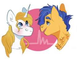 Size: 700x550 | Tagged: safe, artist:meepxmorp, flash sentry, prince blueblood, pegasus, pony, unicorn, g4, bluesentry, bust, electrocardiogram, gay, heart, looking at each other, male, shipping