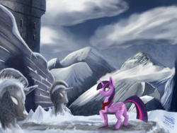 Size: 2400x1800 | Tagged: safe, artist:sigilponies, twilight sparkle, alicorn, pony, g4, castle, clothes, female, folded wings, looking at something, mare, mountain, outdoors, profile, raised hoof, scarf, snow, solo, standing, twilight sparkle (alicorn), wings