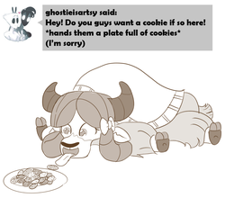 Size: 788x695 | Tagged: safe, artist:sintakhra, yona, yak, tumblr:studentsix, g4, bow, cloven hooves, cookie, female, food, grayscale, hair bow, monkey swings, monochrome, plate, prone, simple background, solo, tongue out, white background
