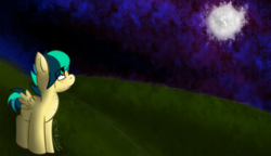 Size: 1708x984 | Tagged: safe, artist:exvius, oc, oc only, oc:apogee, pegasus, pony, cute, ear freckles, female, filly, freckles, grass, hill, looking up, moon, moonlight, night, night sky, sky, solo, space