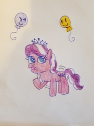 Size: 4032x3024 | Tagged: safe, artist:theinflater19, diamond tiara, series:diamond tiara have a blow up, g4, balloon, evil smile, grin, imminent inflation, magic inflation, smiling, stomach noise, this will end in balloons