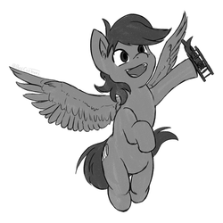 Size: 693x693 | Tagged: safe, artist:pagecartoons, oc, oc:focal length, pegasus, pony, commission, flying, grayscale, male, monochrome, simple background, sketch, toy plane, white background