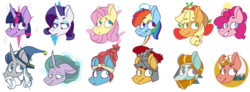 Size: 1280x470 | Tagged: dead source, safe, artist:maxieforest, applejack, flash magnus, fluttershy, meadowbrook, mistmane, pinkie pie, rainbow dash, rarity, rockhoof, somnambula, star swirl the bearded, twilight sparkle, earth pony, pegasus, pony, unicorn, g4, cutie mark background, female, head, head only, male, mane six, mare, no pupils, pillars of equestria, stallion