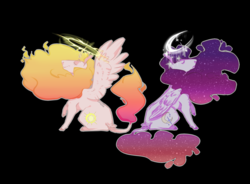 Size: 1280x941 | Tagged: safe, artist:coffeisloveislife, princess celestia, princess luna, alicorn, pony, g4, black background, colored hooves, curved horn, duo, ethereal mane, eyes closed, hoers, horn, leg fluff, leonine tail, mane of fire, profile, royal sisters, signature, simple background, sitting, starry mane, wing fluff