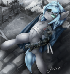 Size: 1135x1200 | Tagged: safe, artist:jesterpi, oc, oc only, pony, amputee, armpits, castle, clothes, coat, eyepatch, guard, male, mountain, pose, prosthetic arm, prosthetic limb, prosthetics, relaxing, shadow, snow, solo, wall