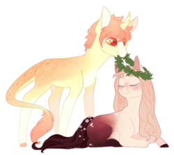 Size: 1272x1134 | Tagged: safe, artist:shady-bush, oc, oc only, oc:citrus, oc:rosario, chest fluff, colored hooves, curved horn, eyes closed, female, flower, flower in tail, freckles, horn, leonine tail, male, mouth hold, oc x oc, prone, shipping, simple background, straight, transparent background