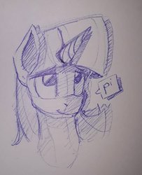 Size: 633x778 | Tagged: safe, artist:post-it, twilight sparkle, pony, g4, ballpoint pen, bust, female, lidded eyes, looking up, mare, monochrome, simple background, sketch, smiling, solo, traditional art, white background