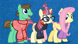 Size: 1920x1080 | Tagged: safe, artist:luckreza8, fluttershy, moondancer, oc, oc:ian, best gift ever, g4, clothes, earmuffs, glasses, sweater, winter outfit