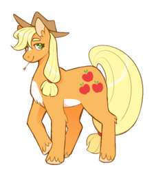Size: 625x707 | Tagged: safe, artist:biskyfresh, part of a set, applejack, earth pony, pony, g4, chest fluff, coat markings, colored hooves, cowboy hat, ear fluff, female, hat, leg fluff, looking at you, mare, pale belly, simple background, solo, straw in mouth, unshorn fetlocks, white background, white belly