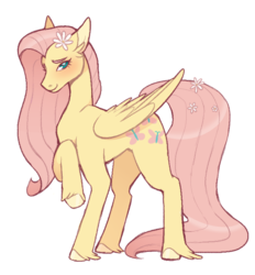 Size: 653x703 | Tagged: safe, artist:biskyfresh, part of a set, fluttershy, pegasus, pony, g4, blushing, colored hooves, cutie mark, female, floppy ears, flower, flower in hair, looking at you, mare, raised hoof, simple background, solo, unshorn fetlocks, white background