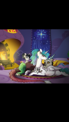 Size: 720x1280 | Tagged: safe, artist:misshoneybunn, discord, princess celestia, oc, oc:airick, oc:alana, alicorn, hybrid, pony, g4, alternate hairstyle, celestia's bedroom, child, draconequus hybrid, family, female, fire place, fireplace, interspecies offspring, male, mare, missing accessory, offspring, parent:discord, parent:princess celestia, parents:dislestia, ponytail, pregnant, prone, ship:dislestia, shipping, story included, straight