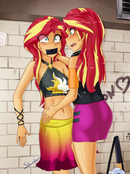 Size: 1920x2560 | Tagged: safe, alternate version, artist:slackerburst, sunset shimmer, equestria girls, g4, against wall, ass, belly button, black swimsuit, blushing, breasts, butt, clothes, cutie mark swimsuit, female, gag, jeweled swimsuit, lesbian, licking, licking lips, multiple variants, sarong, self paradox, selfcest, shipping, summer sunset, swimsuit, tape, tape gag, tongue out