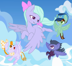 Size: 2376x2160 | Tagged: safe, artist:razorbladetheunicron, flitter, oc, oc:blizzard, oc:citrus surprise, oc:mint chip, pegasus, pony, lateverse, g4, alternate universe, base used, baseball cap, blank flank, bow, cap, clothes, colt, cutie mark, female, filly, flying, foal, group, hair bow, hat, high res, jacket, male, mare, mother and child, next generation, offspring, parent:flitter, parent:thunderlane, parents:flitterlane, scarf, sky, tail bow