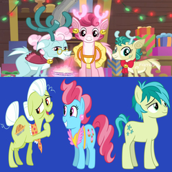 Size: 2112x2112 | Tagged: safe, derpibooru exclusive, screencap, alice the reindeer, aurora the reindeer, bori the reindeer, cup cake, granny smith, sandbar, deer, earth pony, pony, reindeer, g4, my little pony best gift ever, comparison, high res, the gift givers