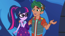 Size: 1920x1080 | Tagged: safe, screencap, sci-twi, timber spruce, twilight sparkle, equestria girls, equestria girls series, g4, star crossed, clothes, cropped, female, geode of telekinesis, glasses, magical geodes, male, ponytail, skirt, smiling, vest
