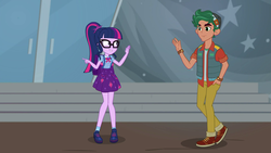 Size: 1920x1080 | Tagged: safe, screencap, sci-twi, timber spruce, twilight sparkle, human, equestria girls, g4, my little pony equestria girls: better together, star crossed, clothes, hand in pocket, male, pants, shoes, smiling, sneakers, vest