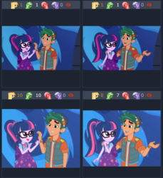 Size: 737x803 | Tagged: safe, screencap, sci-twi, timber spruce, twilight sparkle, derpibooru, equestria girls, g4, my little pony equestria girls: better together, star crossed, backpack, clothes, comparison, female, geode of telekinesis, glasses, juxtaposition, magical geodes, male, meta, ponytail, vest