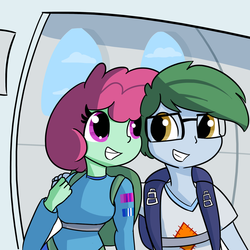 Size: 1280x1280 | Tagged: safe, artist:tjpones, oc, oc only, oc:software patch, oc:windcatcher, equestria girls, g4, commission, equestria girls-ified, parachute, plane, smiling, windpatch