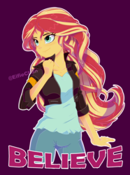 Size: 2600x3500 | Tagged: safe, artist:katakiuchi4u, sunset shimmer, equestria girls, g4, believe, clothes, female, freckles, high res, jacket, leather jacket, pants, peppered bacon, purple background, shirt, simple background, smiling, solo