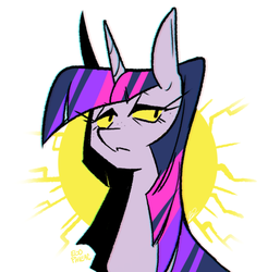 Size: 700x711 | Tagged: safe, artist:egophiliac, twilight sparkle, pony, g4, abstract background, bust, eyelashes, female, mare, solo, yellow eyes, yellow sclera